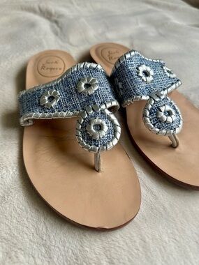 Jack Rogers Blue Tweed and Silver Medallion Thong Sandal